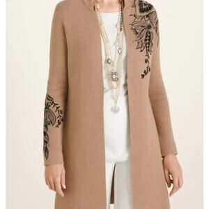 Chicos Long Cardigan Sweater Knit Embroidered Floral Tan Black Womens XL